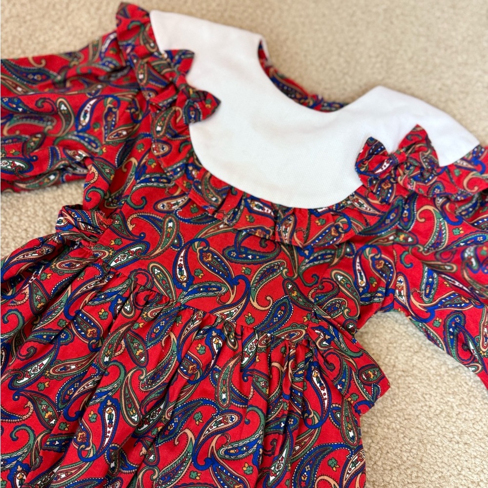 Vintage Plum Pudding Girls Red Paisley Dress 80s Cotton RuffleCollar Made in USA